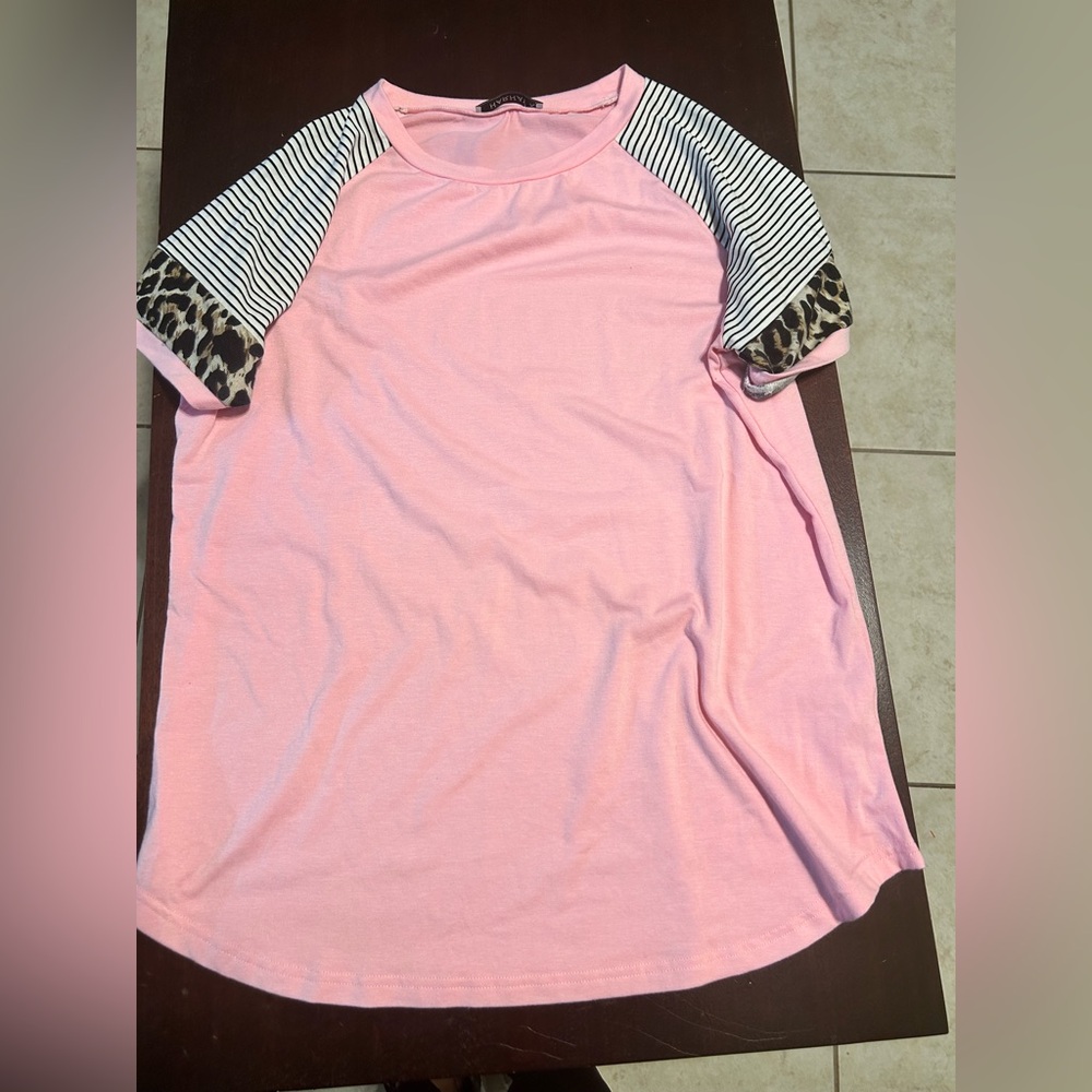 Pink Short Sleeve Top with Striped and Leopard Sleeves